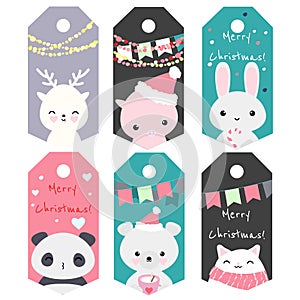 Set of 6 vector christmas tags with cute kawaii animals