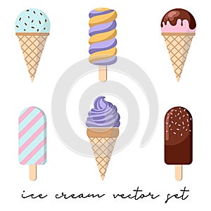 Set of 6 vector ice cream illustrations isolated on white background.