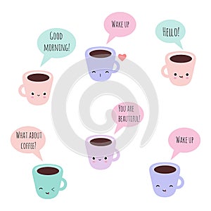 Set of 6 vector kawaii coffee cups with funny faces and phrases