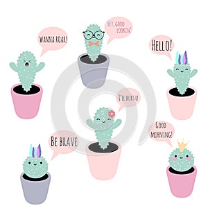Set of 6 vector potted plants with funny faces and phrases