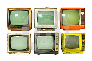 Set of 6 vintage TV receivers isolated on white background. Concept of nostalgia