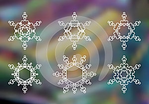 Set of 6 white line Hexagon icon on Rainbow abstract blur background