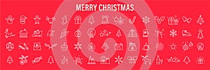 Set of 60 Christmas icons. Merry Christmas and Happy New Year. Collection xmas icons. Winter, santa, tree, presents, snowflakes,