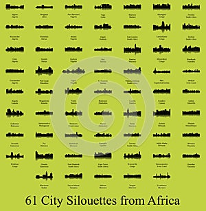 Set of 60 City Silhouettes from Africa ( Fez, East London, Zanzibar, Marrakech, Morocco, South Africa, Johannesburg )