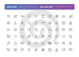 Set of 60 line icons. SEO and SMM