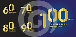 Set of 60 to 100 years Anniversary logotype design, 60, 70, 80, 90, 100 number design, anniversary template, anniversary vector