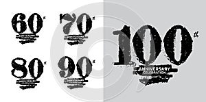 Set of 60 to 100 years Anniversary logotype design, 60, 70, 80, 90, 100 number design, anniversary template, anniversary vector