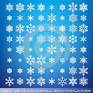 Set of 64 original beautiful snowflakes. Graphic winter object. Christmas snow icon. Snow flake crystal element. EPS 10