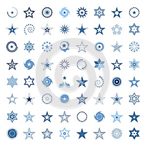 Set of 64 star icons. Blue design elements