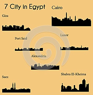 Set of 7 City silhouette in Egypt ( Cairo, Suez, Luxor, Alexandria, Port Said, Giza, Shubra El-Kheima )