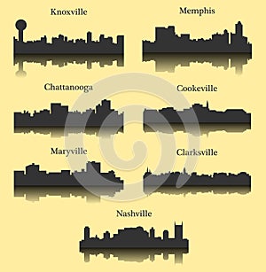 Set of 7 City Silhouette in Tennessee ( Knoxville, Nashville, Memphis, Cookeville, Clarksville, Maryville, Chattanooga )