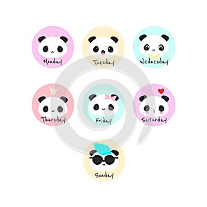 Set of 7 vector circles with panda bear and names of the week da