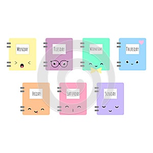 Set of 7 vector kawaii asian style books with days of week and d