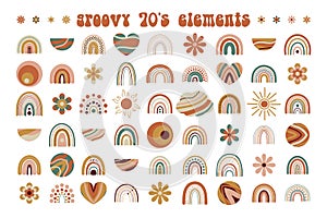 Set of 70 s groovy rainbows, flowers, circles in retro colors. Neutral nursery art design for decoration printing for fabric and