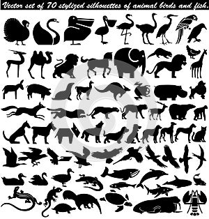 set of 70 stylized silhouettes of animal birds and fish