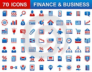 Set of 70 vector color icons for finance and business.