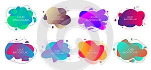 Set of 8 abstract modern graphic liquid elements. Dynamical waves different colored fluid forms. Isolated banners with flowing