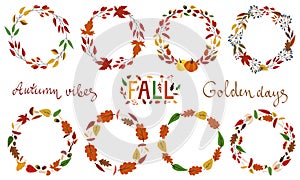 Set of 8 autumn fall circle wreaths. Leaves, mushrooms.  Isolated elements. Round frame template. Flat cartoon design. Lettering.