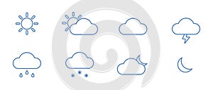 Set of 8 basic weather icons. Nature clipart. Contour simple style.