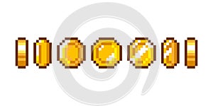 Set of 8-bit pixel graphics icons. Game art. Coins of gold for animation. Isolated vector illustration