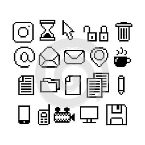 Set of 8-bit pixel graphics icons. Isolated vector illustration. Game art. black and white image, computer icons, cursor, files,