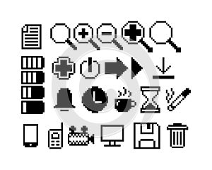 Set of 8-bit pixel graphics icons. Isolated vector illustration. Game art. black and white image, computer icons, cursor, files,