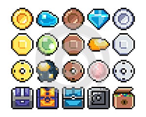 Set of 8-bit pixel graphics icons. Isolated vector illustration. Game art. chests, diamonds, gold, coins