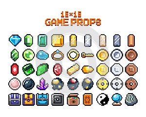Set of 8-bit pixel graphics icons. Isolated vector illustration. Game art. jewelry, jewelry, chests, diamonds, gold