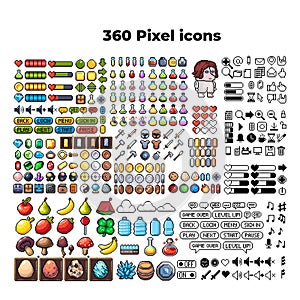 Set of 8-bit pixel graphics icons. Isolated vector illustration. Game art. Weapons, jewelry, potions, chests