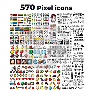 Set of 8-bit pixel graphics icons. Isolated vector illustration. Game art. Weapons, jewelry, potions, chests