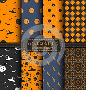 Set of 8 bright and dark Halloween seamless patterns. Vector Holiday collection for design.