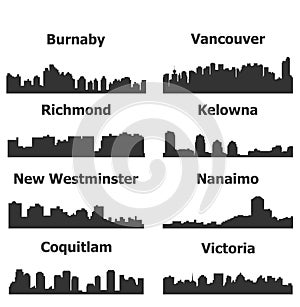 Set of 8 City silhouette in British Columbia, Canada ( Vancouver, Burnaby, Kelowna, Richmond, Virginia, Coquitlam )