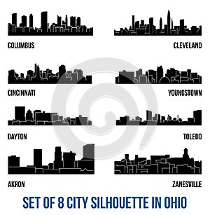 Set of 8 city silhouette in Ohio ( Columbus, Cleveland, Cincinnati, Youngstown, Dayton, Toledo, Akron, Zanesville )