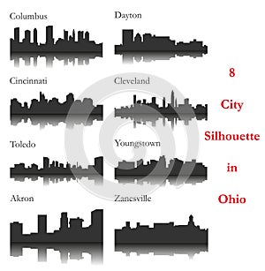 Set of 8 city silhouette in Ohio ( Columbus, Cleveland, Cincinnati, Youngstown, Dayton, Toledo, Akron, Zanesville )