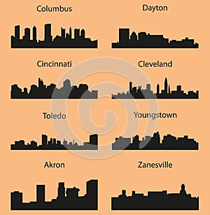 Set of 8 city silhouette in Ohio ( Columbus, Cleveland, Cincinnati, Youngstown, Dayton, Toledo, Akron, Zanesville )