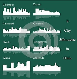 Set of 8 city silhouette in Ohio ( Columbus, Cleveland, Cincinnati, Youngstown, Dayton, Toledo, Akron, Zanesville )