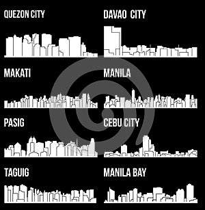 Set of 8 city silhouette in Philippines ( Quezon City, Davao City, Makati, Manila, Pasig, Taguig, Cebu, Manila Bay )