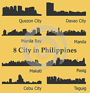 Set of 8 city silhouette in Philippines ( Quezon City, Davao City, Makati, Manila, Pasig, Taguig, Cebu, Manila Bay )