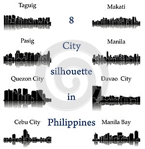 Set of 8 city silhouette in Philippines ( Quezon City, Davao City, Makati, Manila, Pasig, Taguig, Cebu, Manila Bay )