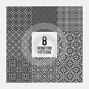 Set of 8 complex monochrome geometric patterns