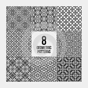 Set of 8 complex monochrome geometric patterns