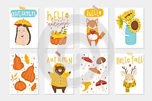 Set of 8 cute autumn postcards with animals