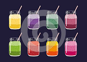 Set of 8 different fresh fruit and berry layered smoothies in mason jars with straw. Vector hand drawn illustration.