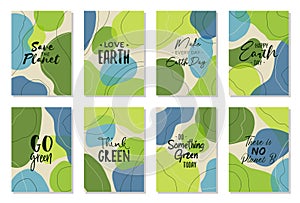 Set of 8 Earth Day wall art posters, brochure, flyer templates. Eco organic line abstract shape drawn, hand drawn design, simple