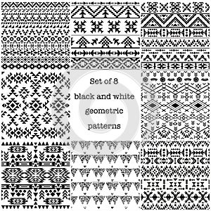Set of 8 ethnic black and white geometric patterns
