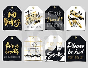 Set of 8 funny gift tags. Lettering and doodles