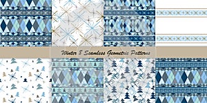 Set of 8 geometric seamless patterns in winter style. Rhombuses, Christmas trees, snowflakes on a blue and white