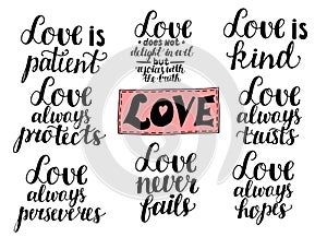 Set of 8 hand lettering quotes about love from Corinthians