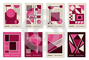 Set of 8 minimal vintage 20s geometric design posters, wall art, template, layout with primitive shapes. Bauhaus pink magenta