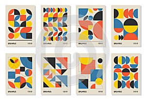 Set of 8 minimal vintage 20s geometric design posters, wall art, template, layout with primitive shapes elements. Bauhaus retro